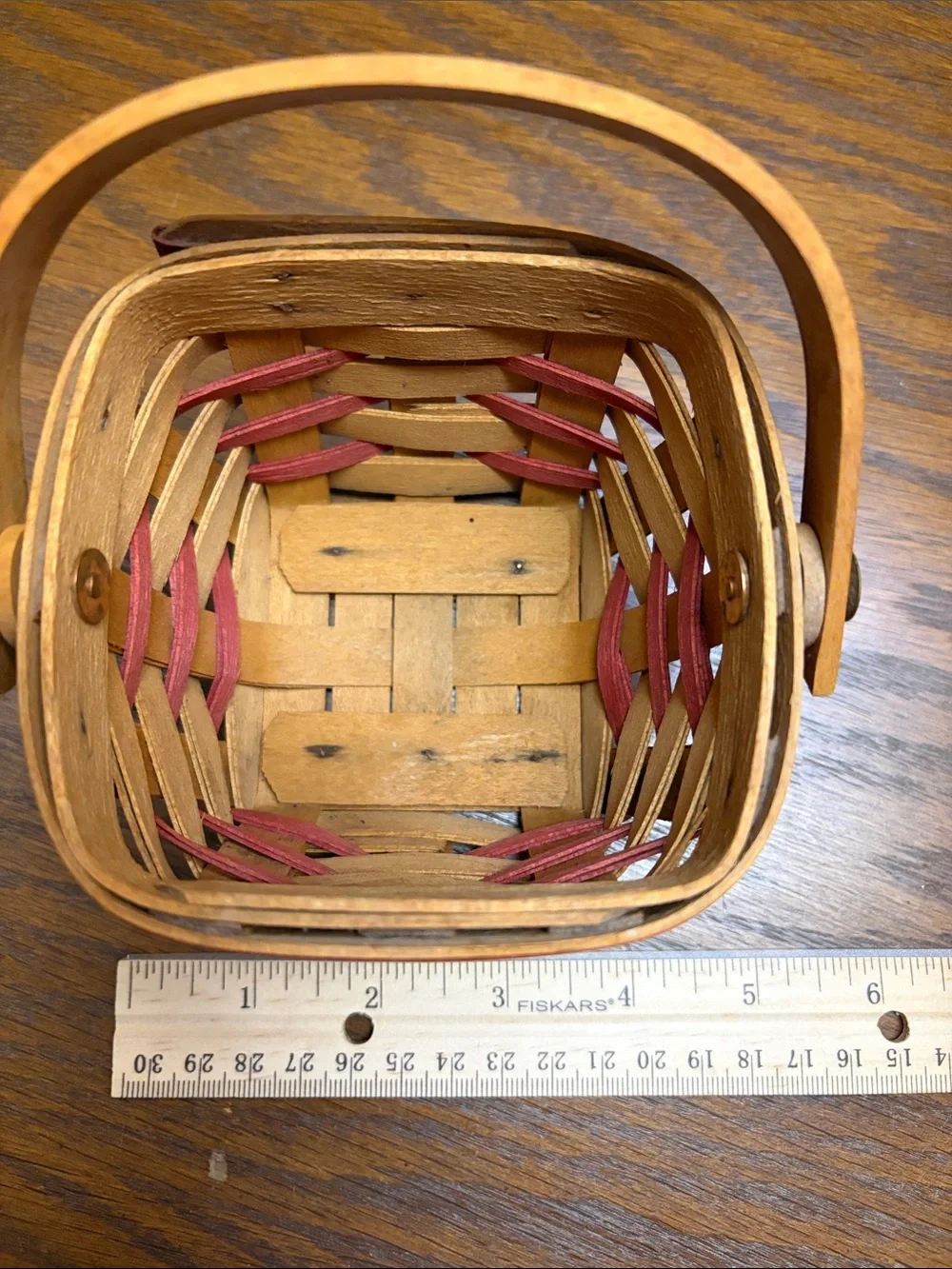 Handwoven Small Longaberger Basket with Handle - Natural Wood and Red Accent